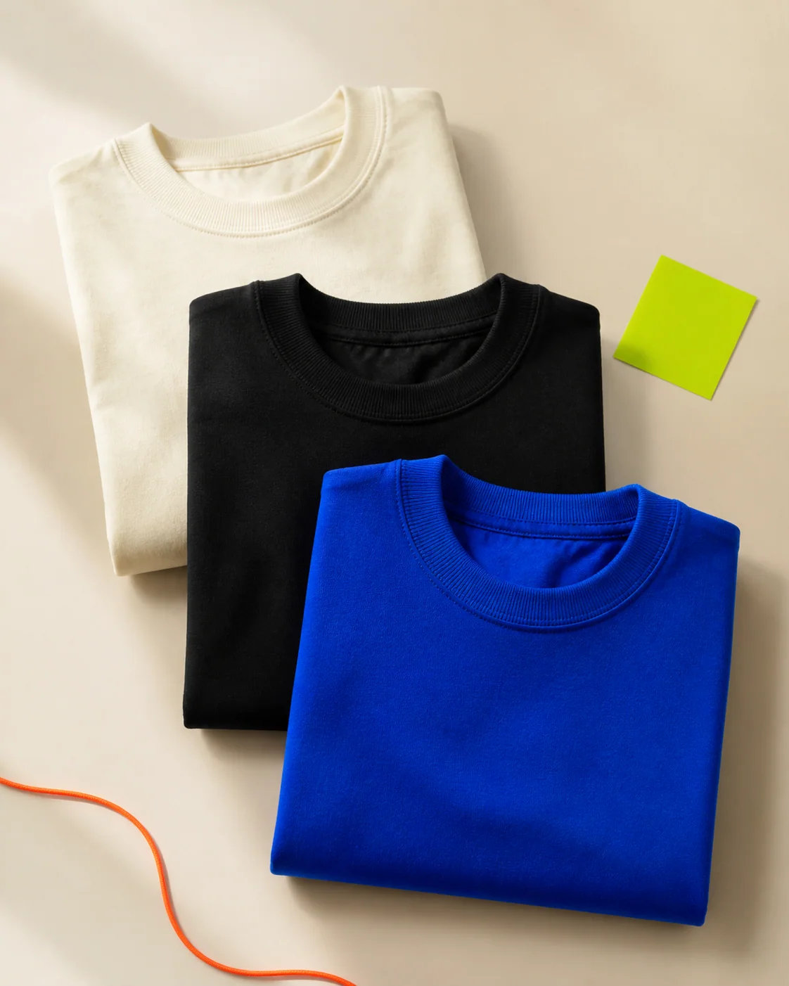 T-shirts crème, noir et bleu soigneusement pliés