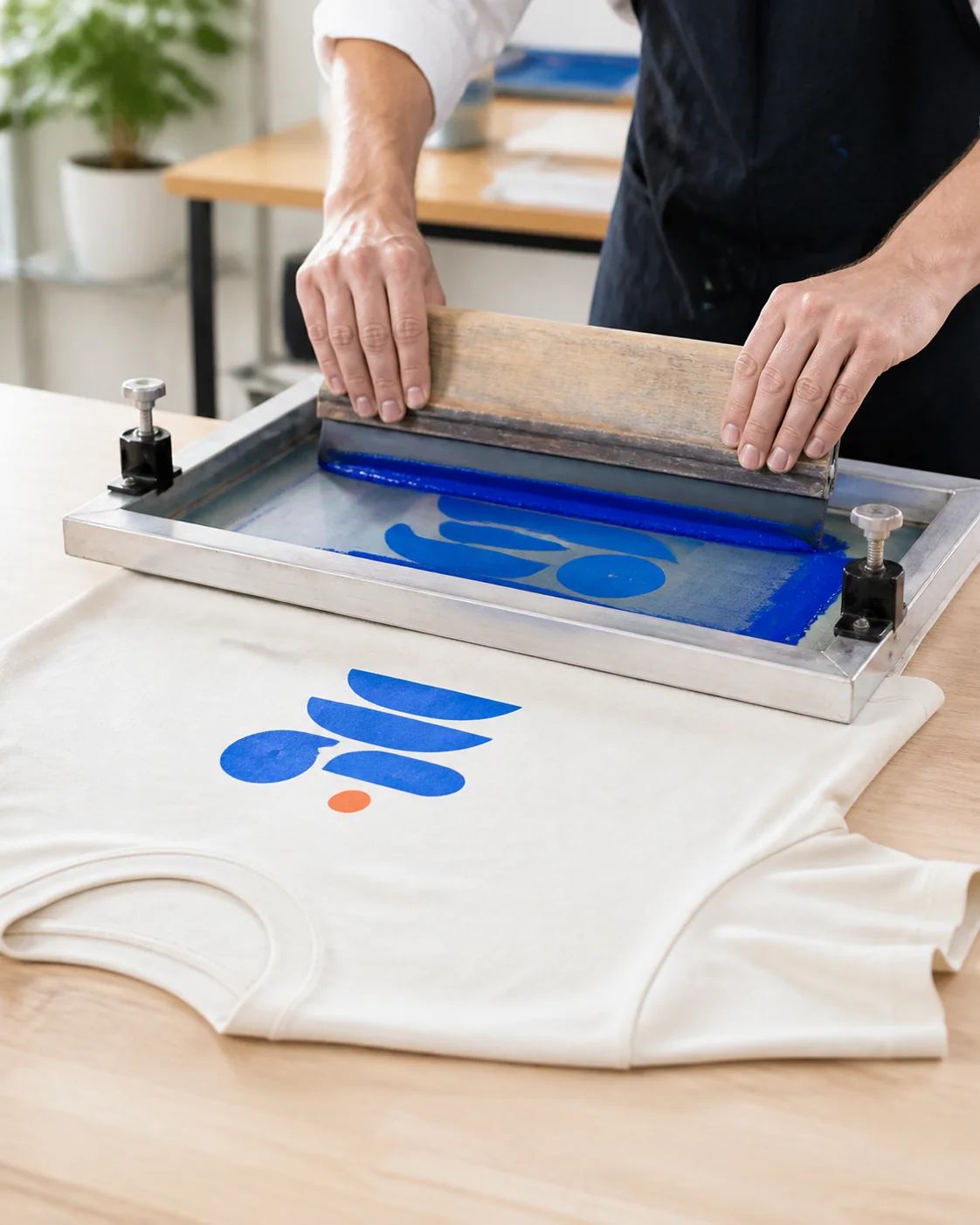 Sérigraphie bleue réalisée sur un t-shirt crème